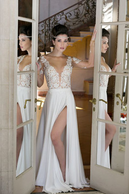 Shop 2020 V-neck Chiffon Long Sleeve Sexy Slit Bridal Simple Wedding Dress Under 138