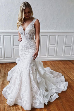 Find And Buy The Perfect Classic Mermaid Ruffles V-neck Lace Backless Wedding Dress