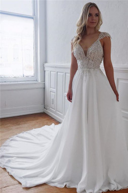 Buy More, Save More V-neck Chiffon Backless Beads Open Back Appliques Wedding Dresses