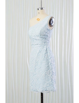 One Shoulder Light Blue Short Lace Bridesmaid Dress