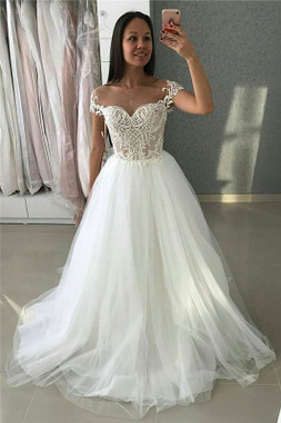  100% Custom Made A-Line Tulle Lace Appliques Cap Sleeves Wedding Dress From Annakoo