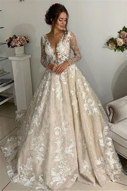 Shop Backless Lace Appliques V-Neck See Through Long Sleeve Open Back Wedding Dress Under 250