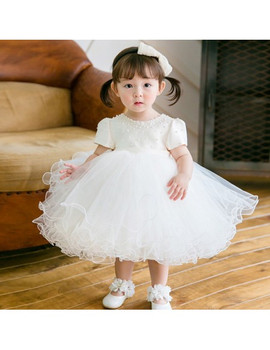 Short Sleeves Princess White Puffy Beaded Flower Girl Dress