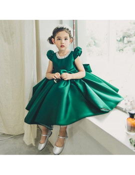Bubble Sleeves Green Satin Flower Girl Dress