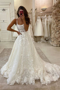 Shop 2020 Lace Appliques Spaghetti Straps A-line Sweep Train Cheap Bridal Wedding Dress Under 250