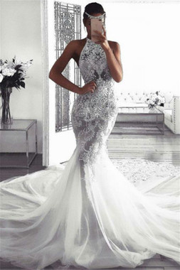 Beautiful 2020  Lace Mermaid Fluffy Tulle Sexy Sleeveless Halter Wedding Dress Under 200