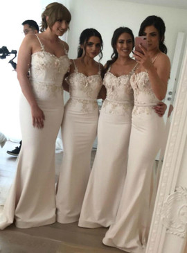Shop Beautiful Satin Spaghetti Straps Appliques Champagne Mermaid Bridesmaid Dress Under 125