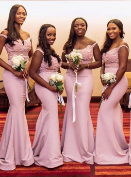 Shop Beautiful Off the Shoulder Appliques Pink mermaid Satin Beading Bridesmaid Dress Under 125