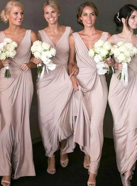 Shop Cheap V-neck Pleats Long A-Line Pink Chiffon Bridesmaid Dress Under 99