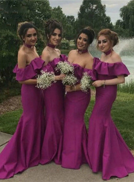 Shop Beautiful  Purple Mermaid Satin Off the Shoulder Ruffles Bridesmaids Dress Under 94