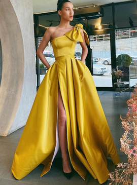 Shop Cheap 2020 One Shoulder A-Line Yellow Satin Prom Dress With Pocket Under 128