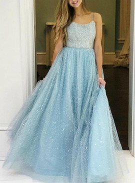 Shop 2020 Double Straps A-Line Light Blue Tulle Beading Prom Dress Under 167