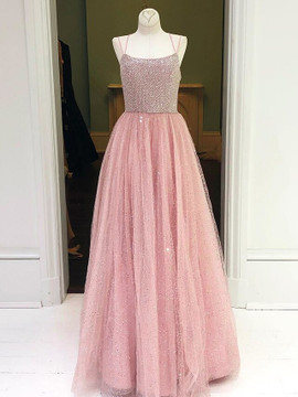 Shop 2020 Double Straps A-Line Light Blue Tulle Beading Prom Dress Under 167