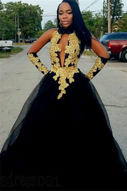 Shop 2020 Gold Appliques Black Halter Tulle Ball Gown Prom Dress Under 150