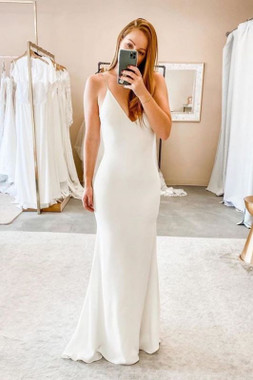 Buy Cheap 2020 Sheath Backless Floor Length Spaghetti Straps V-neck Wedding Dress Under 150