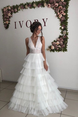 Shop Unique Tulle Ruffles Straps V-neck Cheap A-line Wedding Dress Under 200