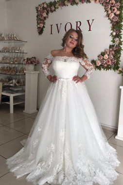 Shop Beautiful 2020 Off The Shoulder Lace Belt A-line Appliques Long Sleeve Wedding Dress Under 200
