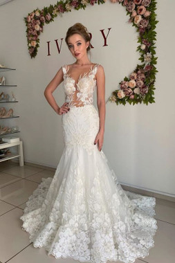 Shop Beautiful 2020 Appliques Pleated Sheer tulle See Through Mermaid Wedding Dress Under 269