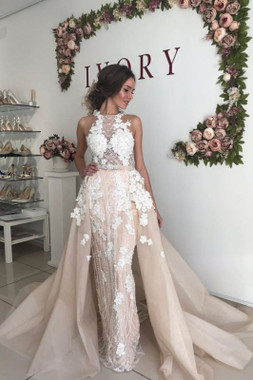 Shop Beautiful Flower Backless Belt Detachable Skirt Beading Halter Sheath Wedding Dress Under 300