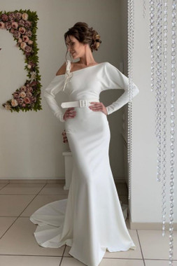 Shop Beautiful Long Sleeve Sash Belt Satin Sexy Backless Sheath Wedding Dress Under 200