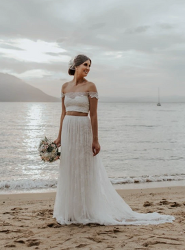 Shop Unique 2020 Two Piece Off the Shoulder A-Line White Lace Wedding Dress Under 150