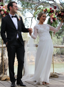 Shop Beautiful Appliques Long Sleeve A-Line White Chiffon Wedding Dress Under 200