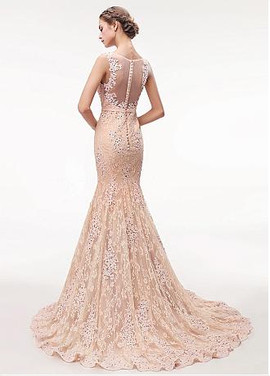 Lace V-neck Neckline Beading Mermaid Evening Dress