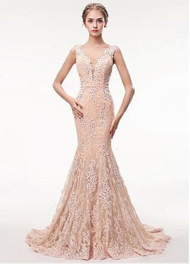 Lace V-neck Neckline Beading Mermaid Evening Dress