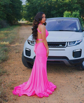 Shop Unique 2020 Satin Deep V-neck Backless Fuchsia Mermaid Prom Dress Under 100