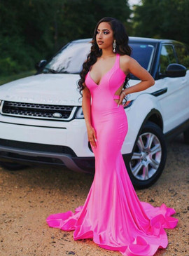 Shop Unique 2020 Satin Deep V-neck Backless Fuchsia Mermaid Prom Dress Under 100