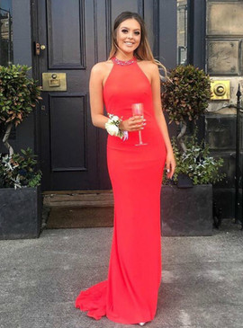 Buy Open Back Red Mermaid Satin Sexy Halter Backless Beading Prom Dress Under 135
