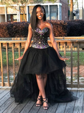 Black Beading Tulle Sweetheart Hi Lo Crystal Ball Gown Prom Dress