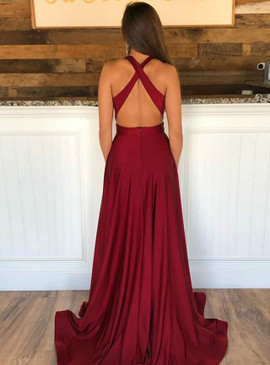 Shop Sexy Deep V-neck Backless A-Line Burgundy Satin Prom Dress With Side Split Under 98
