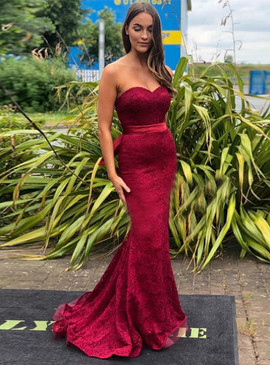 Shop Cheap Lace Sweetheart Long Burgundy Mermaid Prom Dress With Sash Under 124