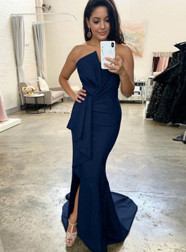 Shop Cheap 2020 Strapless Pleats Long Navy Blue Mermaid Satin Prom Dress Under 100