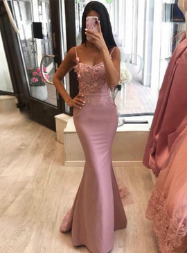 Shop Cheap Appliques Spaghetti Straps Appliques Pink Mermaid Satin Prom Dress Under 200