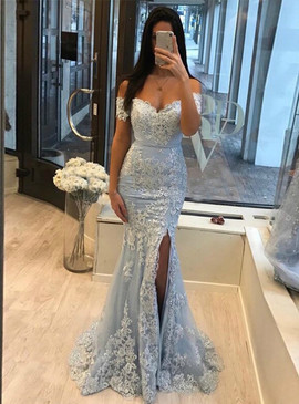 Buy Sexy 2020 Tulle Appliques Off the Shoulder Light Blue Mermaid Prom Dress Under 159