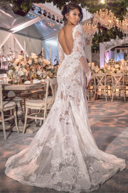 Shop Sexy Long Sleeve V-neck Lace Open Back See Through Wedding Dress Under 258