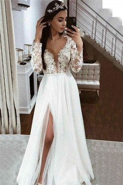 Shop 2020 A-line Lace Appliques V-neck Side Split Long Sleeve Wedding Dress Under 200