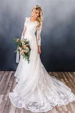 Shop Unique 2020 Appliques A-line Ruffles Scoop Sweep Train Lace Long Sleeve Wedding Dresses Under 258