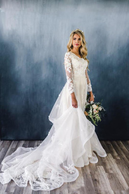 Shop Unique 2020 Appliques A-line Ruffles Scoop Sweep Train Lace Long Sleeve Wedding Dresses Under 258