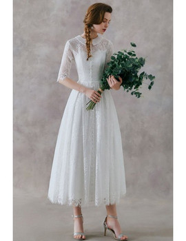 Chic Lace Tulle Short Wedding Reception Dress with Long Sleeves