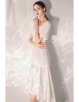 Shop 2020 Cheap Tea Length Short Sleeves Vintage Satin Wedding Reception Dress Under 98