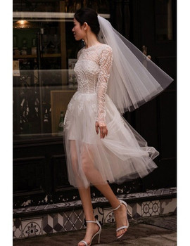 Shop Cute Short Tulle See-through Long Sleeves Short Wedding Dress Under 165