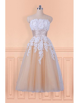 Shop Cheap Champagne Strapless Lace Appliques Tea Length Wedding Dress Under 99