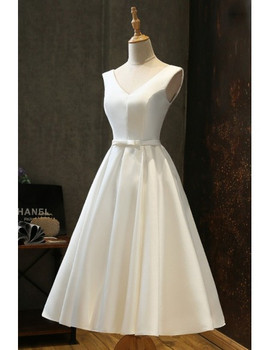 Shop Elegant Vintage Satin Chic Lace Up Tea Length Ivory Wedding Dress  Under 89