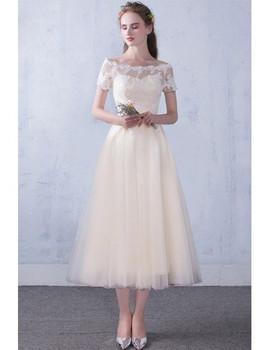 Shop 2020 Off The Shoulder Short Sleeve Champagne Tea Length Wedding Dress Under 118