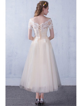 Off The Shoulder Short Sleeve Champagne Tea Length Wedding Dress