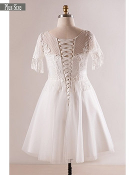 Plus Size Unique Lace Short Sleeve Appliques  White Wedding Dress