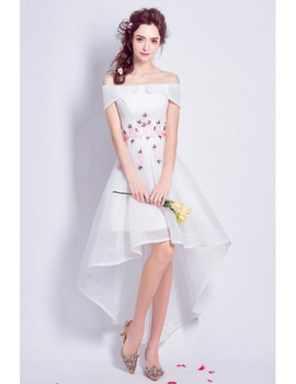 Shop 2020 A-line Off-the-shoulder Embroidery High Low Tulle Wedding Dress Under 124